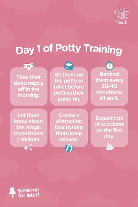 Starting potty training? Here’s a quick guide for the first day (see next pin for days 2 and 3):  Day 1  🌅 Remove the sleep nappy. 🚽 Sit on the potty before pants. ⏰ Remind every 30-40 mins. ⭐ Use reward stickers. 🎁 Create a distraction box. 💧 Expect accidents!  #pottytrainingtips #mycarrypotty #parentingtips #toddler #pottytraining Big Little Feeling Potty Training, Oh Crap Potty Training Cheat Sheet, Potty Training Toddler Boy, Toddler Sticker Chart, Baby Hospital Bag Checklist, Potty Training Guide, Easy Potty Training, Toddler Potty, Potty Training Boys