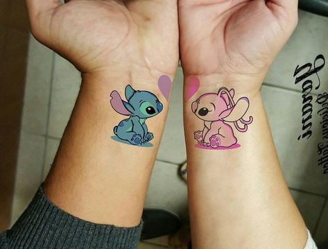 Matching Stitch Tattoos For Couples, Stitch And Groot Tattoo, Stich Tatoos Girl, Angel Stitch Tattoo, Stitch And Angel Tattoo Couple, Stitch Couple Tattoo, Matching Stitch Tattoos, Stitch Matching Tattoos, Disney Tattoos Couples