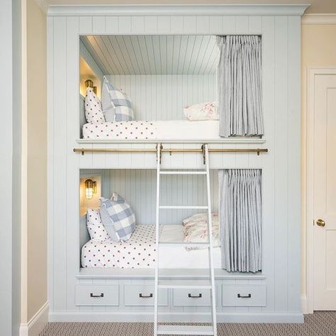 Bunkrooms: Do or Don't? - Carlton Landing Cabin Bunk Room, Establish Design, Built In Bunk Beds, Shiplap Trim, Blue Plaid Pillows, White Bunk Beds, Shared Girls Bedroom, Bunk Beds Built In, Headboard With Shelves