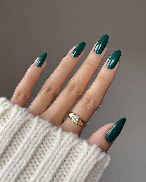 dark shades all winter 🎄💚🌟 Using @gelcare.official Velveteen * discount code: NAILSBYALSN Ring @luvaj ————- * aff #greennails #gelcare #gelnails #swatch #green #christmasnails #christmas #holidaynails #minimalnails #nailinspo Winter Green Nail Ideas, Winter Nail Ideas Green, Christmas Solid Color Nails, Subtle Christmas Nails Green, Velvet Green Nails, Winter Nails Dark Green, Green Forest Nails, Christmas Nails Dark Green, Dark Green Chrome Nails