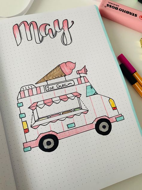 Aesthetic Ice Cream Drawing, Ice Cream Van Drawing, Ice Cream Truck Drawing, Ice Cream Bullet Journal, Bujo May, Notebook Aesthetic, May Bullet Journal, Bullet Journal Work, Organization Bullet Journal