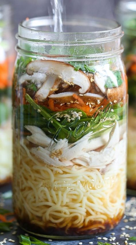 Here’s to making meal prep fun again. Ramen In A Jar, Mason Jar Soup, Mason Jar Meal Prep, Mason Jar Lunch, Chicken Ramen Recipe, Jar Meals, Delicious Meal Prep, Soup In A Jar, Mason Jar Salad Recipes