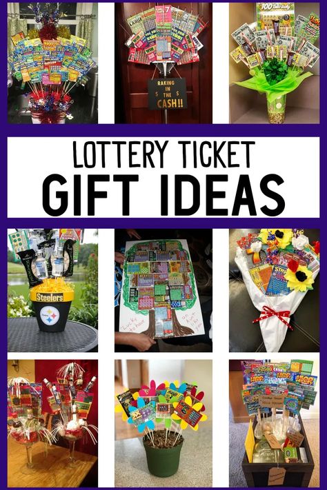 Lottery Ticket Gift Basket, Lottery Ticket Gift Ideas, Lottery Ticket Tree, Ticket Gift Ideas, Lottery Ticket Bouquet, Retirement Gifts Diy, Raffle Gift Basket Ideas, Dad Gifts Basket, Retirement Gift Basket