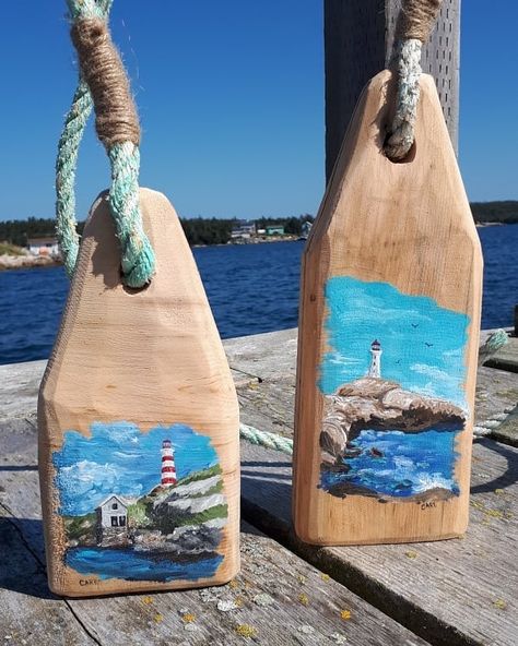 Something New!! I recently teamed up with artist Gordon Ritchie, who does awesome wood carvings. He made me some old timey wooden buoys, to… Painted Buoys, Wooden Buoys, Buoy Decor, Lobster Buoys, Deco Marine, Wood Carvings, Glass Panel, Dot Art, Dots Art