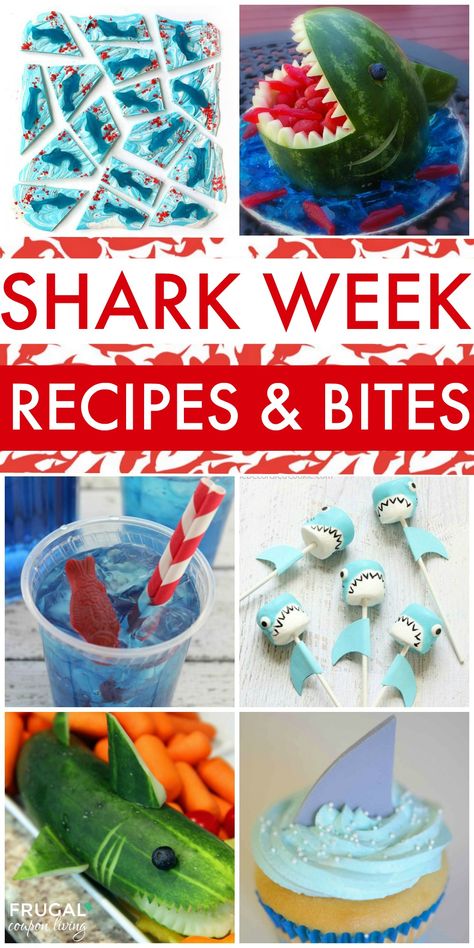 Shark Week Recipes and Bites for Kids on Frugal Coupon Living.  Shark Week Ideas for Kids on Frugal Coupon Living. Are you a fish out of water when it comes to planning the perfect themed party?  For me, it takes days to sometimes search the internet and find some of the best themed content for our special occasion. Shark Week, which starts Sunday, June 26th,  is right around the corner and we wanted to give you some of the Best Shark Week Ideas for Kids. From crafts, to foods Shark Week Ideas, Shark Week Recipes, Shark Week Crafts, Shark Snacks, Shark Week Party, Shark Themed Party, Fish Out Of Water, Shark Themed Birthday Party, Shark Cake