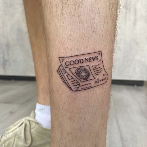 Journalism Tattoo Ideas, Mac Miller Tattoos Good News, Journalist Tattoo, Good News Tattoo Mac Miller, Coin Tattoo Ideas, Newspaper Tattoo Ideas, News Paper Tattoo, Mac Miller Divine Feminine Tattoo, Music Artist Tattoo