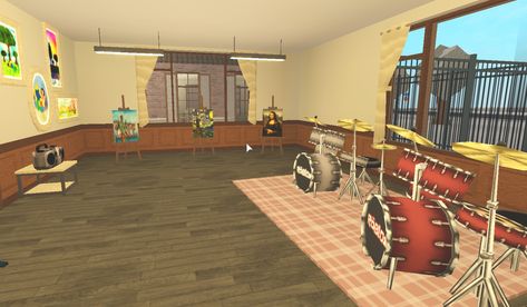 Bloxburg Classroom, Music Room School, School Music Room, Room Bloxburg, Bloxburg School, Music Room Ideas, Room Ideas Diy, Bloxburg City, Bloxburg Beach House