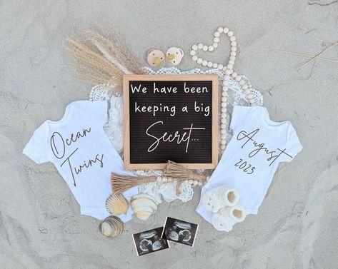 Twin Pregnancy Reveal | Summer |Twin Beach Pregnancy Announcement | Ocean| Beach| Sand| Neutral Twin Baby Announcement | Twin Announce by LovelyChaosPrints on Etsy Summertime Baby Announcement, Beach Birth Announcement, Ocean Baby Announcement, Beach Theme Gender Reveal, Ocean Pregnancy Announcement, Cruise Pregnancy Announcement, Baby Beach Announcement, Gender Reveal Beach Ideas, Beach Gender Reveal Ideas