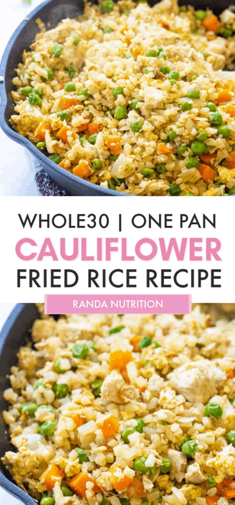 This Whole30 recipe for one pan dish for chicken fried rice is made with cauliflower rice instead of rice. It's loaded with vegetables and is a fantastic healthy lunch or dinner for meal prep! It's super easy and made with frozen vegetables so it's quick too. Healthy chinese food with rotisserie chicken leftovers, egg, and veggies! #glutenfreerecipes #whole30recipes Rotisserie Chicken Leftovers, Chicken Fried Cauliflower, Healthy Chinese Food, Chicken Fried Cauliflower Rice, Chicken Leftovers, Fried Cauliflower Rice, Whole30 Recipe, Cauliflower Fried Rice Recipes, Healthy Chinese Recipes