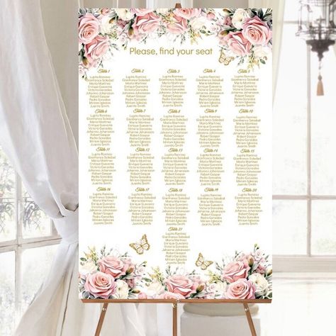 Editable Seating Chart Quinceañera, Sweet 16, Blush Pink Floral Rose, Butterfly Mis XV Guest Poster Template, Find Your Seat 21 Tables Sign - Etsy Romania Quincenera Seating Chart, Sweet 16 Seating Chart, Seating Chart Ideas Sweet 16, Quinceanera Sign In Table, Quince Decorations Pink Butterfly, Debut Themes, Pink Wedding Seating Chart, Rose Butterfly, Find Your Seat