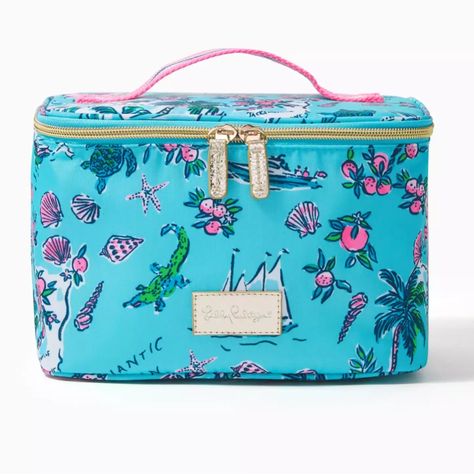 Lilly Pulitzer Cosmetic Case In Amalfi Blue Lilly’s Roadtrip. Blue And Pink Printed Cosmetic Case With Striped Webbing Top Handle And Gold Trim. Polyester Fabric Has An Allover Florida Road Trip Print Featuring City Names (Orlando, Jacksonville, Tallahassee, St. Augustine, Miramar Beach, Panama City, Pensacola, Winter Park), Palm Trees, Oranges, Sailboats, Shells, And All Things Floridian! Measure 9” X 6” X 7” Brand New In Packaging! Blue Lilly, Florida Road Trip, City Names, Pink Pouch, Vintage Lilly Pulitzer, Small Makeup Bag, Miramar Beach, Gift With Purchase, Winter Park