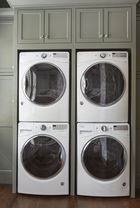 set of two washer and dryer, stacked with green cabinets Lg Stackable Washer Dryer Laundry Room, Laundry Room With Gray Washer And Dryer, 2 In 1 Washer And Dryer Laundry Room, Laundry Room With 2 Washers And Dryers, Double Washer And Dryer Laundry Room, Chic Laundry Room Ideas, Chic Laundry Room, Washer Dryer Laundry Room, Stackable Laundry