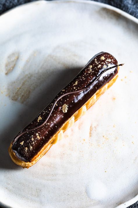 Caramel Eclair, Caramel Pastry Cream, Caramel Eclairs, Lemon Eclair, Bakery Advertising, Caramel Pastry, Chocolate Ganache Glaze, Eclair Recipe, Chocolate Eclair