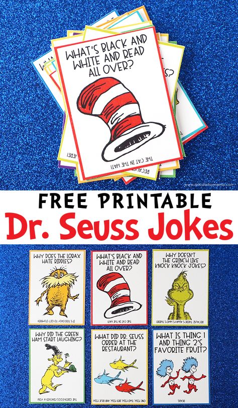 Free Printable Dr. Seuss Jokes | artsy-fartsy mama Dr Seuss Week Homeschool, Dr Suess Thing 1 Thing 2 Printables, Dr Suess Literacy Activities Preschool, Dr Seuss Preschool Craft, Dr Seuss Family Literacy Night, Dr Seuss 3rd Grade Activities, Preschool Dr Seuss Week, Dr Suess Week Ideas, Dr Seuss Literacy Night