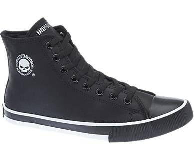 Classic hi-top sneaker with a dose of Harley edge. The black leather Baxter sneaker from Harley-Davidson Footwear features a white H-D skull logo at sides. Baxter Black, Harley Davidson Boots, Men's High Top Sneakers, Work Sneakers, Black And White Shoes, White Leather Sneakers, Mens High Tops, Harley Davidson Men, Converse High Top Sneaker