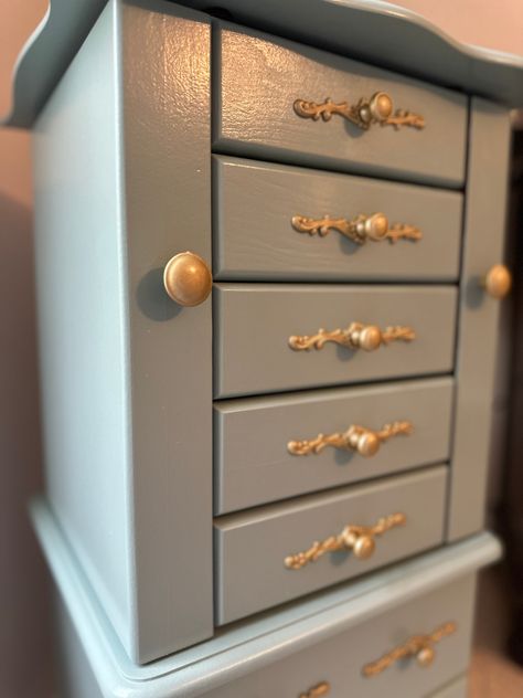 how to makeover a jewelry chest for less than 10 dollars Refinishing Jewelry Armoire, Refinish Jewelry Armoire, Old Jewelry Box Makeover, Jewelry Box Redo Diy, Refinished Jewelry Boxes, Jewelry Armoire Makeover Diy, Upcycled Jewelry Box Diy, Diy Jewelry Cabinet, Jewelry Armoire Makeover