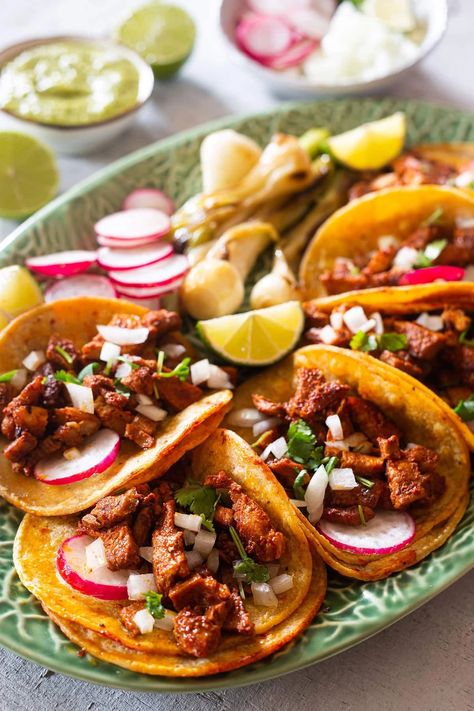 Tacos de Adobada Easy Recipe Adobada Recipe, Carne Adobada, Marinated Pork, Tortilla Recipe, Eating Plan, Healthy Lifestyle Food, Mexican Food Recipes Authentic, Authentic Recipes, Food Platters