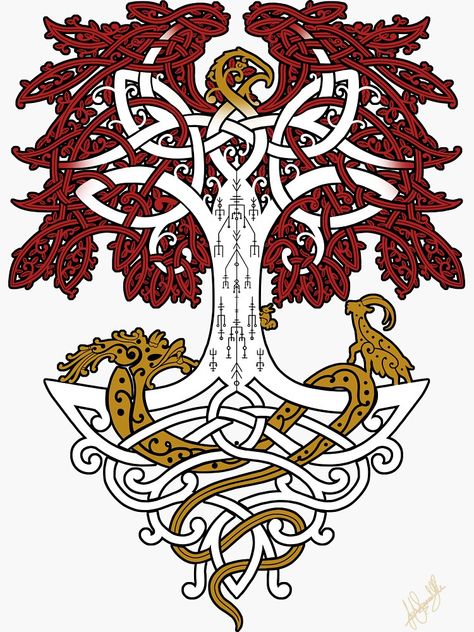 "Yggdrasil and Creatures Norse Mythology Knotwork Coloured" Sticker by MythicComicsArt | Redbubble Norse Symbols, Norse Tattoo, Nordic Tattoo, Celtic Dragon, Norse Runes, Celtic Tree Of Life, Viking Art, Norse Vikings, Flower Art Images