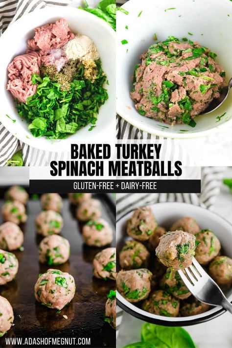 Did you know you can bake meatballs in the oven? It's simple! These baked gluten free turkey meatballs are full of spinach and garlic flavor. They're a great weeknight meal recipe the whole family will love! Typically meatballs are made with breadcrumbs and eggs as binders, but I'll show you how to make tasty, moist meatballs without them whether you have food allergies or just are out of eggs and breadcrumbs. Gluten free, dairy free and contain no eggs! #glutenfree #recipe Meatballs In The Oven, Turkey Spinach Meatballs, Gluten Free Turkey Meatballs, Moist Meatballs, Spinach Meatballs, Turkey Spinach, Gluten Free Turkey, Turkey Meatballs Baked, Glutenfree Recipe