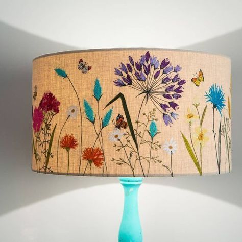 If you love embroidery and lamps, this is a perfect mix. Use our adhesive styrene to highlight your beautiful embroidery work as a cool new lampshade.  Embroidered lampshade by Lara Sparks. Diy Drums, Crazy Quilting, Diy Lamp Shade, Meadow Flowers, �자수 디자인, Hand Embroidery Stitches, Embroidery Ideas, Satin Stitch, Hand Embroidery Patterns