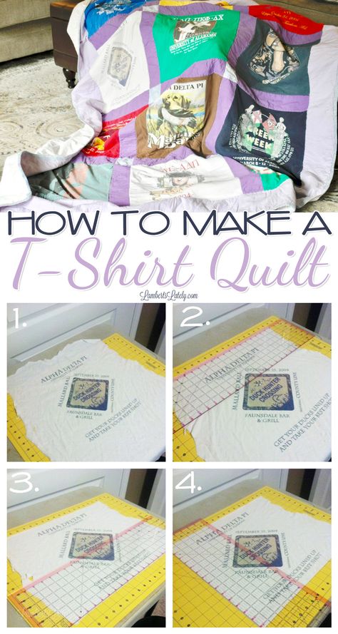 This is a great tutorial for how to make a T-Shirt Quilt out of old sorority/high school shirts - the DIY pattern, layout, and assembly instructions make it so easy, even for beginners! Tshirt Quilt Tutorial, How To Make A T Shirt Quilt, Tshirt Quilt Diy, T-shirt Quilts, Tshirt Quilt Pattern, Quilt Diy, Quilt Easy, Tee Shirt Quilt, Pattern Layout