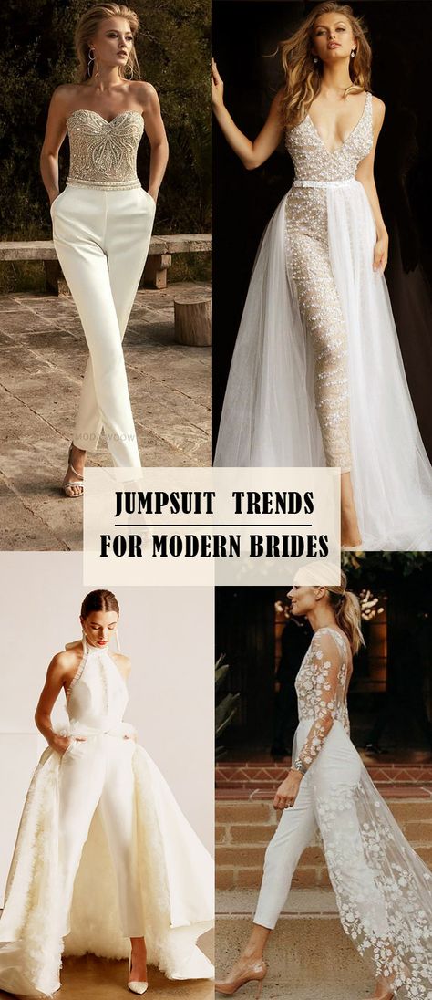 fancy bridal jumpsuits wedding trend for modern brides Modern Jumpsuit Fashion, Jumpsuit Bridal Gown, Modern Vow Renewal Dress, Vow Renewal Outfits The Bride, Civil Wedding Jumpsuit, Wedding Reception Outfit For Bride, Jumpsuits Wedding, Wedding Dress Pantsuit, Reception Jumpsuit