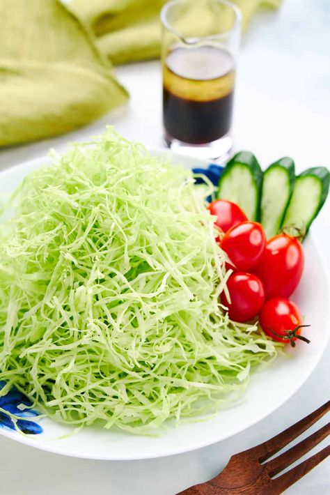 Shredded Cabbage Salad - Japanese Salad for Tonkatsu Cabbage Salad Dressing, Korean Cabbage Salad, Shredded Cabbage Salad, Japanese Salad Recipes, Japanese Cabbage Salad, Easy Asian Salad, Japanese Cabbage, Asian Potluck, Natural Prebiotics