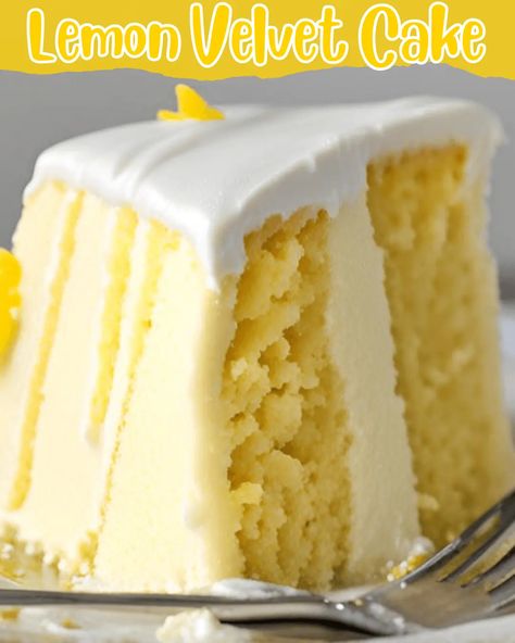 Lemon Velvet Cake Lemon Cake Whipped Cream Frosting, Lemon Velvet Cake With Cream Cheese, Tangy Lemon Cake, Velvet Lemon Cream Roll Cake, Lemon Crème Cake, Lemon Christmas Cake, Buttermilk Lemon Cake, Light And Fluffy Cake Recipe, Lemon Velvet Cake Recipe