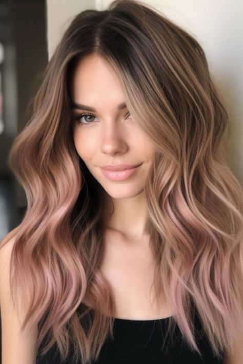 Natural Looking Colored Hair, Brown Hair With Rose Gold Balayage, Brown Pink Balayage Hair, Cool Rose Gold Hair, Light Brown With Rose Gold Highlights, Brown And Rose Gold Hair Ombre, Rose Bronze Hair, Rose Gold Long Hair, Hair Color Ideas For Cool Undertones