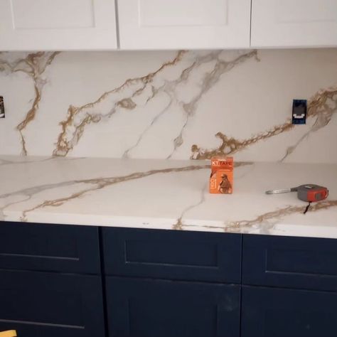 Countertop manufacturing and installation with waterfall and full backsplash. Waterfall Backsplash, Water Fall, The Stone, Backsplash, Countertops, Cabin, Stone, Water, On Instagram