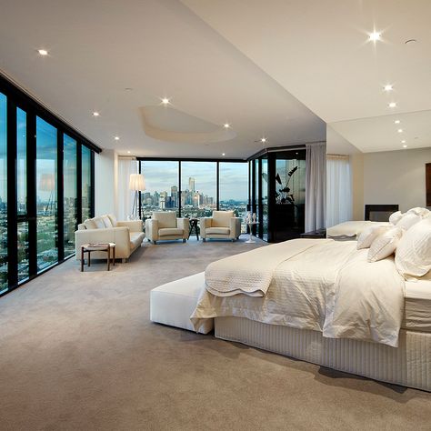 Floor-to-ceiling windows dominate the master bedroom of a Melbourne penthouse. Credit: Ross Savas & Alex Schiavo of Kay&Burton Penthouse Bedroom Aesthetic, Penthouse Bedroom, Big Bedrooms, Dream House Rooms, Flood Light, Luxury Homes Dream Houses, Dream House Interior, Home Ceiling, Led Light Bulbs