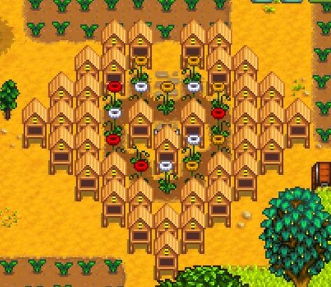 Click this image to show the full-size version. Bee Layout Stardew, Beehive Layout Stardew Valley, Stardew Valley Beehive Ideas, Stardew Valley Beehive Layout Ginger Island, Bee Farm Stardew Valley, Bee Hive Stardew Valley, Stardew Bee House Layout, Bee House Layout Stardew, Stardew Valley Bee Hive Layout