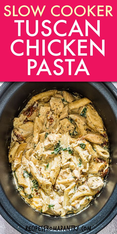 Slow Cooker Pasta with Tuscan Chicken is a flavorful and easy-to-make meal your whole family is sure to love! Loaded with Mediterranean flavors, this crockpot pasta features tender, juicy chicken and a creamy sauce that hits all the classic comfort food notes. Affordable and easy, this is a perfect one-pot dinner for busy weeknights. Click through to get this awesome Slow Cooker Tuscan Chicken Pasta recipe!! #slowcooker #slowcookerpasta #tuscanchicken #crockpotchicken #pasta #tuscanchickenpasta Chicken Tenders Crockpot, Crockpot Recipes Ground Beef, Slow Cooker Tuscan Chicken, Slow Cooker Chicken Pasta, Crockpot Recipes Chicken, Meals Crockpot, Beef Crockpot, Chicken Spinach Pasta, Recipes Ground Beef