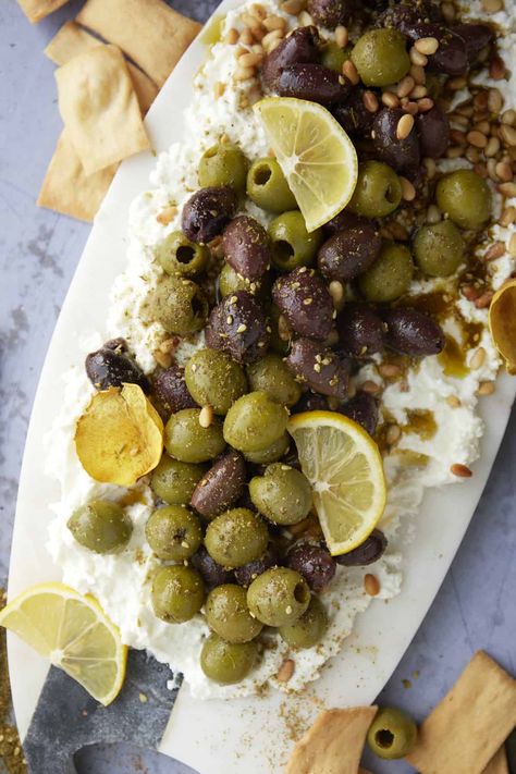 Easy Feta Board with Marinated Olives Olive Feta Board, Feta Board, Babaganoush Recipe, Butter Board, Vegan Birthday, Food Dolls, Whipped Goat Cheese, Marinated Olives, Spiced Chickpeas