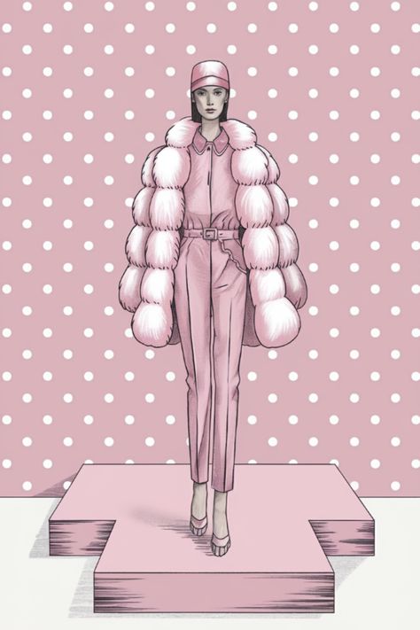 This stylish outfit drawing showcases a bold, all-pink ensemble with a luxurious puffy coat, sleek belted pants, and matching accessories. The monochromatic pink palette paired with a chic backdrop makes this trendy outfit stand out as a statement of high fashion. Perfect inspiration for those looking for eye-catching, fashion-forward looks! Monochromatic Pink, Outfit Drawing, Fashion Illustrators, Pink Palette, Puffy Coat, Fabric Textures, Belted Pants, Drawing Clothes, Matching Accessories