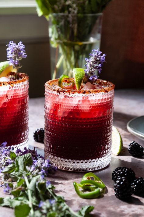 Blackberry Jalapeno Margarita — NoCoast.Kitchen Blackberry Jalapeno Margarita, Blackberry Simple Syrup Cocktails, Spicy Blackberry Margarita, Tajin Seasoning, Blackberry Juice, Blackberry Drinks, Blackberry Margarita, Cranberry Margarita, Mezcal Cocktails