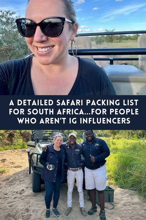 Safari Packing List Essentials: What To Wear On Safari In South Africa | Going on safari in South Africa is a bucket list experience, but you need to plan well! A detailed safari packing list for women, what to pack for safari (and what to leave out).  Tips for luggage restrictions, fabrics, colors, extra gear, & more. Sabi Sands & Kruger safari lodges, South Africa itinerary ideas. Packing For A Safari Africa, Safari In South Africa, Africa Packing List What To Wear, Safari South Africa Kruger National Park, Safari Packing List Tanzania, South Africa Packing List Winter, What To Pack For African Safari, What To Pack For Safari, South Africa Packing List Summer