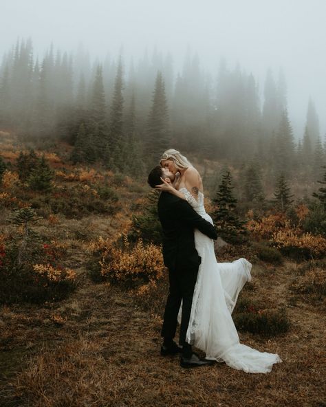 Such a beautiful experience getting to capture their elopement day in the foggy mountains of Washington. Couldn’t have asked for better moody weather 😍 #pnwelopement #elopementwedding #mountainwedding #wanderingweddings #washingtonelopement #cinematicwedding Oregon Elopement Photography, Elope In Washington State, Mt Hood Elopement, Elopement In The Woods, Elopement Photography Mountains, Elopement Ideas Mountain, Mountain Elopement Photos, Moody Outdoor Wedding, Moody Elopement