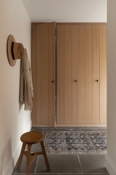 Mudroom Interior Design, Natural Wood Mudroom, White Oak Mudroom, Oak Mudroom, Camping Closet, Hallway Lockers, Main Floor Remodel, Cottage Mudroom, Modern Mudroom