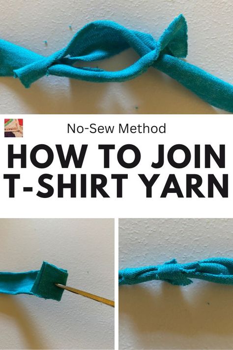 Learn how to join lengths of T-shirt yarn without sewing. This is huge time saver so crafters can get to their projects faster! How To Make Yarn From Tshirts, How To Make Tshirt Yarn, How To Make T Shirt Yarn, T Shirt Scrap Projects, Tee Shirt Yarn Projects, Crochet T Shirt Yarn Projects, Tshirt Yarn Crochet Patterns, T Shirt Yarn Projects, Tshirt Yarn Projects