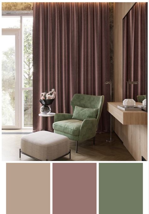 Sage And Eggplant Bedroom, Mauve Olive Bedroom, Olive Green And Purple Living Room, Olive Green And Plum Living Room, Aubergine And Green Bedroom, Mauve And Green Kitchen, Aubergine And Green Interiors, Apartment Colour Palettes, Sage Green And Dusty Rose Living Room