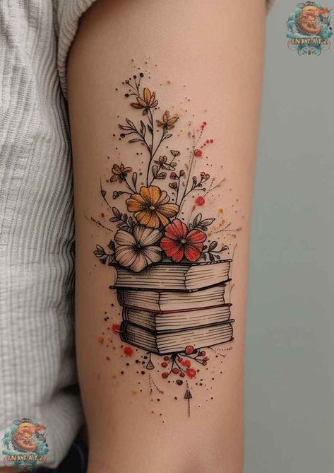 Bookworm Tattoo, Book Inspired Tattoos, Bookish Tattoos, Literary Tattoos, Theme Tattoo, Tattoos For Lovers, Floral Tattoo Design, Book Tattoo, Favorite Novels