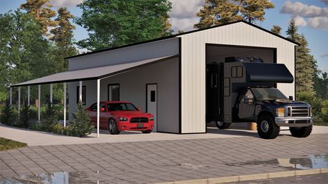 RV Garage Metal Buildings. What is the next best thing about owning an RV? Having it on display in your yard or in front of your house in an RV Building. Rv Storage Building Rv Garage, Rv Garage Ideas, Boat Storage Ideas Buildings, Rv Homestead, Boat Storage Ideas, Rv Shop, Rv Barn, Pole Barn Ideas, Rv Garage Plans