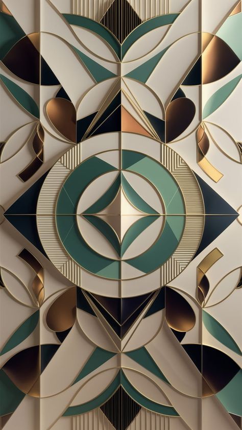 Transform your space with our Art Deco Minimalism wallpaper, showcasing intricate patterns and bold shapes. Experience the harmonious blend of pastel hues and vibrant accents, featuring overlapping circles, triangles, and hexagons. This modern design incorporates optical illusions and exudes balance and symmetry, creating a contemporary art experience that captivates. Perfect for any stylish interior! #GeometricWallpaper #ArtDeco #InteriorDesign Intricate Geometric Patterns, Art Deco Wallpaper Iphone, Symmetry Interior Design, Art Deco Colour Palette, Art Deco Color Scheme, Art Deco Color Palette, Art Deco Circle, Geometric Art Pattern, Minimalism Wallpaper