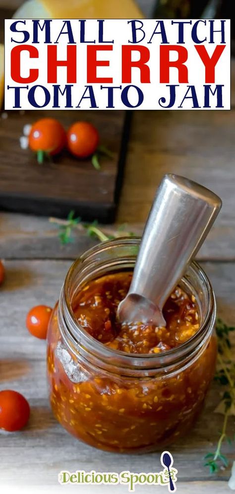 This recipe for Cherry tomato jam is amazing on sandwiches, burgers, over eggs, pizza and more. The possibilities are endless! Sweet and savoury this jam is the best way to use up a garden full of fresh Cherry tomatoes! This recipe makes just a small batch making about one cup worth but if you fall in love with it you can easily double or triple the recipe. Maybe give a jar to some friends! | @thedeliciousspoon #smalbatchjam #cherrytomatojam #summerjam #cherrytomatoesrecipes #easysmallbatchjam Cherry Tomato Jam Recipe, Cherry Tomato Jam, Tomato Jelly, Canning Cherry Tomatoes, Tomato Jam Recipe, Cherry Tomato Recipes, Fresh Tomato Recipes, Fresh Cherry, Tomato Relish