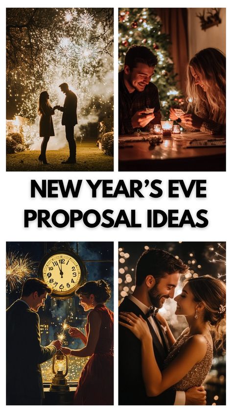 Couple sharing a romantic New Year’s Eve proposal during a midnight countdown. New Years Couple Ideas, New Years Proposal, New Years Eve Proposal, New Years Engagement, New Years Eve Wedding Ideas, Love Proposal, Proposal Pictures, New Year's Eve Wedding, New Years Eve Wedding