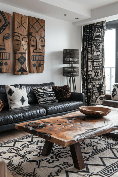 afrohemian livingroom, african theme living room, living room inspo, boho living room African Themed Home Decor, Afro Chic Home Decor Living Room, African Coffee Table, Global Decor Living Room, Afrohemian Decor Living Room, African Interior Design Living Rooms, Diy African Decor, African Living Room Ideas, Afro Chic Home Decor