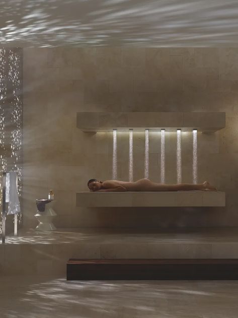 Dornbracht HORIZONTAL SHOWER: Unique Hydrotherapy Massage Bed | Dornbracht Amazing Showers, Dream Shower, Spa Interior, Massage Bed, Luxury Shower, Spa Decor, Spa Design, Spa Room, Massage Room