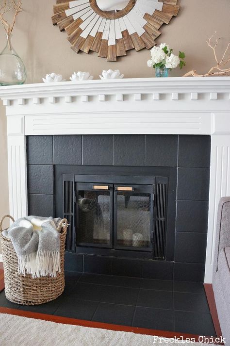 Fireplace tile (mini) facelift with Paint #diyfireplacetile #diyfireplaceupdate #diytile Paint Tile Around Fireplace Ideas, Painting Tile Around Fireplace, Townhouse Upgrades, Painted Fireplaces, Fireplace Updates, Paint Fireplace Tile, Fireplace Facelift, Tile Around Fireplace, Tile Makeover