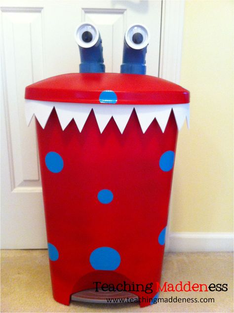 Painted Trash Cans, Maker Fun Factory Vbs, Recycling Activities, The End Is Near, Monster Valentines, Valentine Mailbox, Monster Theme, Classroom Organisation, Diy Classroom